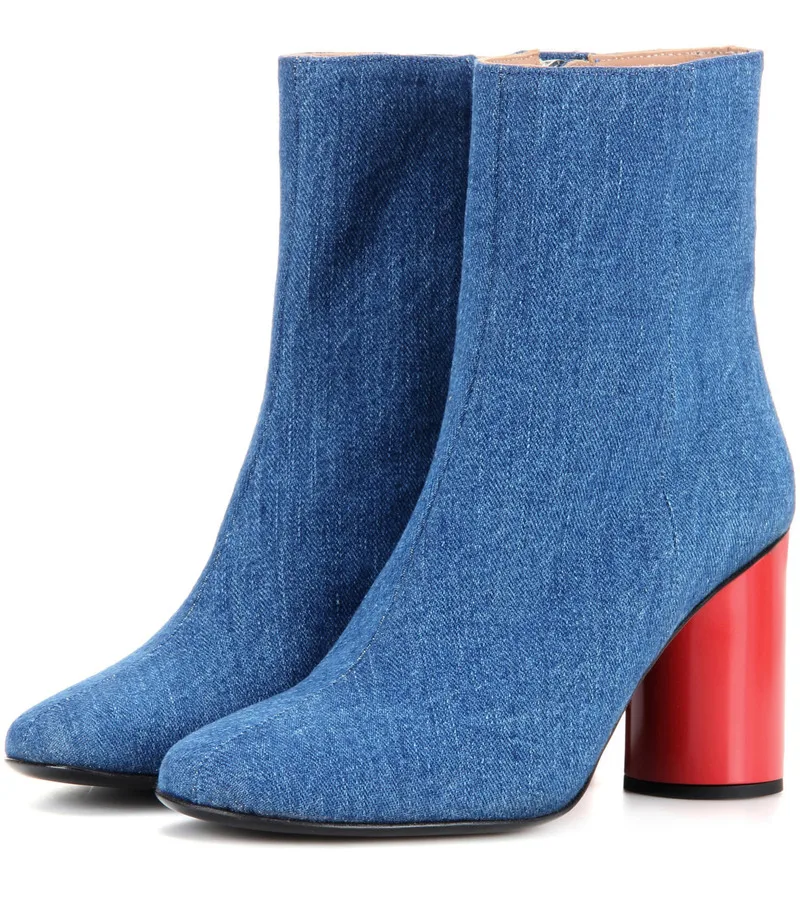 

US4-12 Womens Round Toe Denim Jeans Side Zipper Ankle Boots Block Red Heels Punk Motorcycle Shoes Plus Size A1402