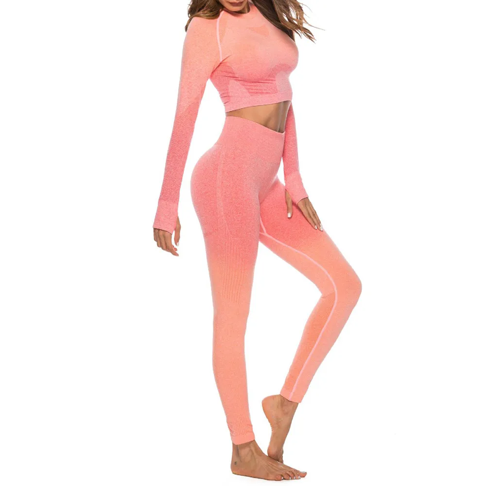 

Women Long Sleeve Fitness Workout Set SolidT-shirt Athletic Exercise Clothing Gym Sport suit Crop Top Leggings AD