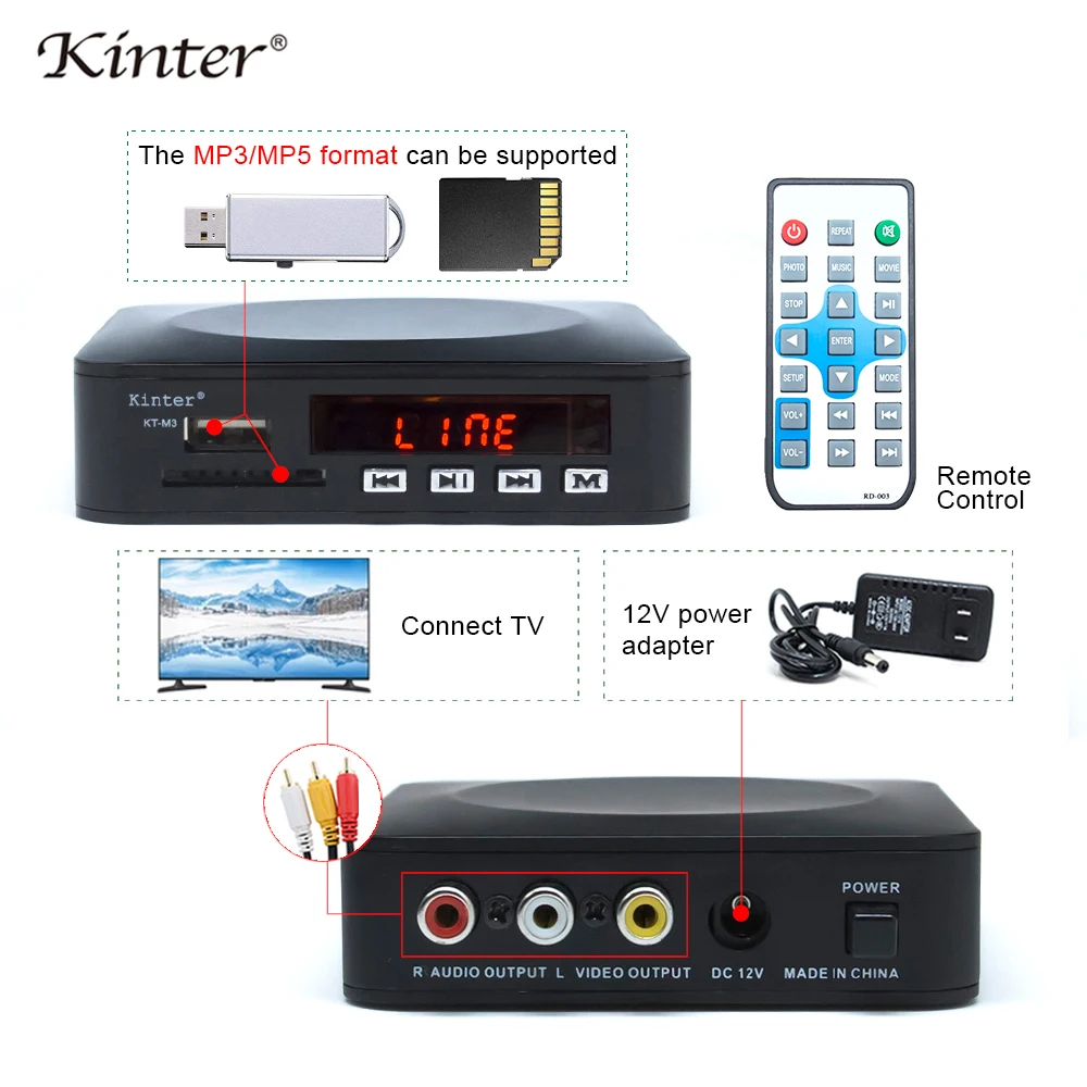 Kinter M3 мини стерео усилитель 12V SD USB ввод для аудио-видео играть MP3 MP5 Формат Адаптер питания с дистанционным управлением