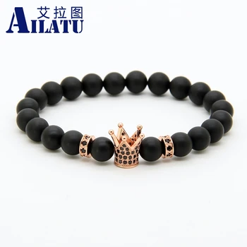 

Ailatu Powerful Men's Jewelry Wholesale 8mm Matte Onyx Stone Beads with New Micro Inlay Black Zircon Crown Bracelet