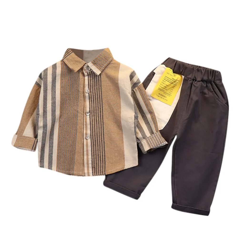 Top and Top Spring Autumn Casual Boys Clothes Sets Cotton Striped Shirts+ Ripped Jeans Pants 2Pcs/set Gentleman Kids Clothes - Цвет: C