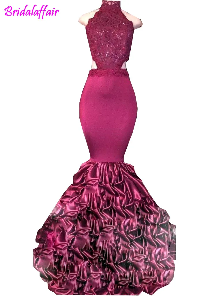 

Burgundy Mermaid Long Prom Dresses 2018 African Lace Appliqued Open Back Sequins Ruffled Sweep Train Arabic Evening Party Gowns