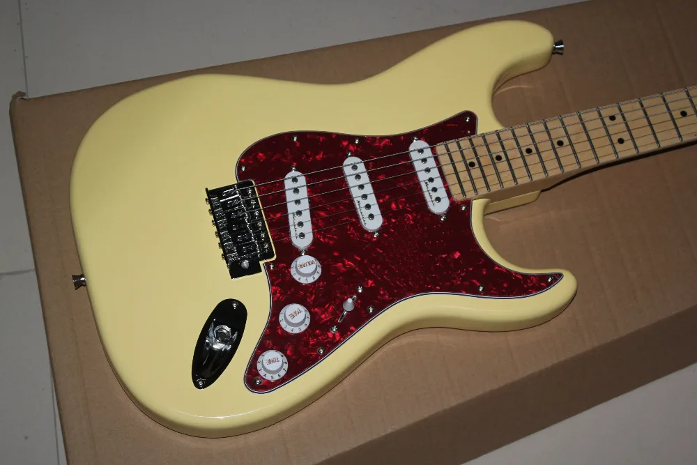 

Factory store yellow cream ST signature 6 string Chrome Hardware red pickguard Electric Guitar Guitarra free shipping