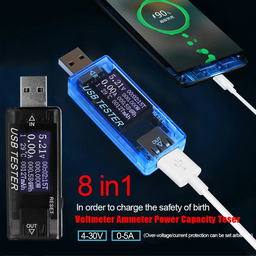 8-in-1 USB Current And Voltage Detector Digital Dispay 4V-30V Tester Current Voltage Charger Capacity Monitor 8-in-1 USB Current And Voltage Detector Digital Dispay 4V-30V Tester Current Voltage Charger Capacity Monitor