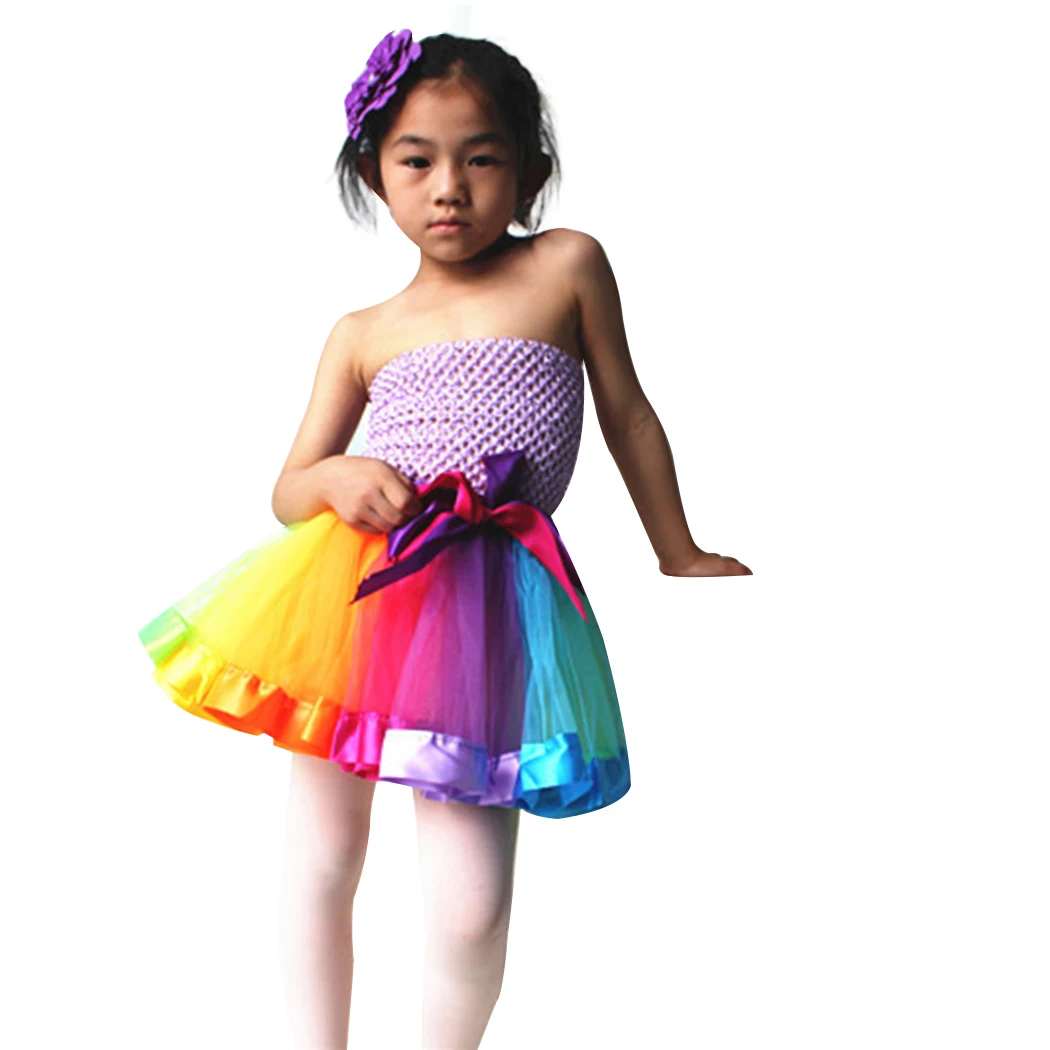 Girls Rainbow Bow Children Tutu Skirt Kids Tulle Dance Ballet Skirts