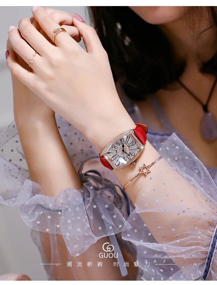 Цифровые женские часы с большим круглым циферблатом, циркониевый камень, квадратная форма, женские часы с кожаным ремешком, кварцевые женские часы G8200
