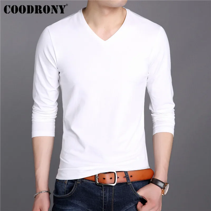 COODRONY белая футболка Для мужчин хлопковая Футболка Homme сужающаяся к талии футболка Для мужчин одежда ; сезон осень; классические Однотонная одежда футболка Для мужчин 95019 - Цвет: Белый
