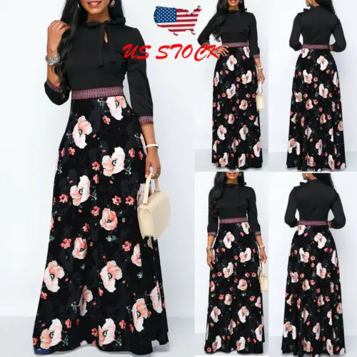 

Spring Elegant WomenThree quarter Sleeve Floral print Boho High waist Long Maxi Dress Ladies Casual Dress