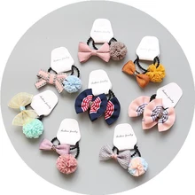 1 par quente bola de renda pom buterfly ajustável meninas crianças laços de cabelo elástico corda do cabelo flor bonito rabo de cavalo titular acessórios para o cabelo