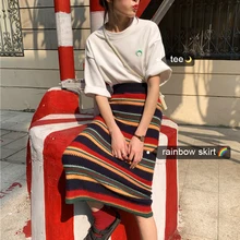 Трикотажная юбка в радужную полоску с эластичной резинкой на талии; сезон осень-весна; Длинная юбка; модная длинная юбка; Jupe Longue Falda Larga Gonne Going Saia Lunga