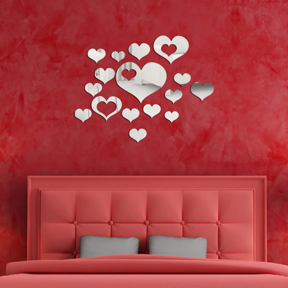 16Pcs/Set Love Heart Shape Acrylic Mirror Wall Sticker Art Decal Home Room Decor 