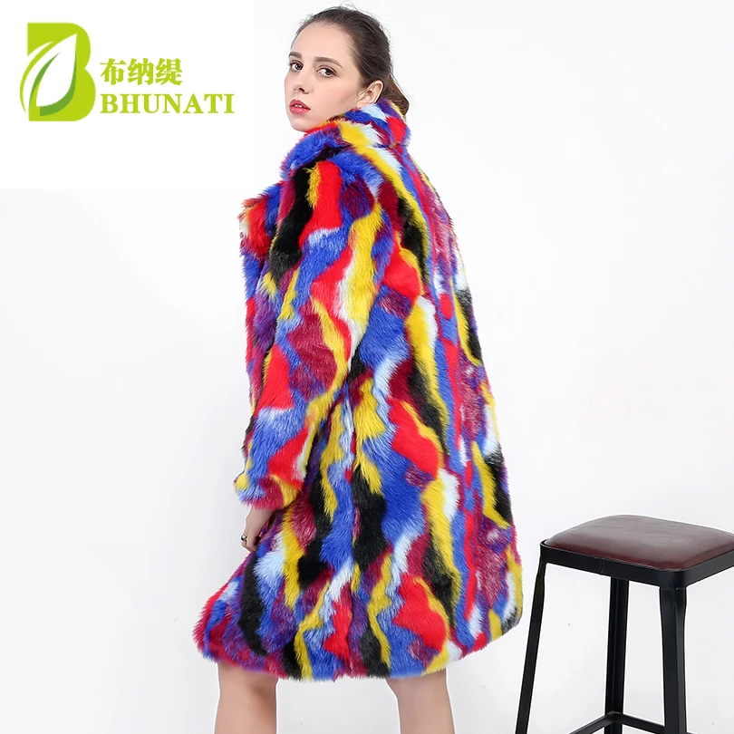 BHUNATI NEW Faux Fur Coats Colorful Jackets Women Winter Rabbit Fur Long Overcoat Soft Warm Rainbow Color Outerwear Female