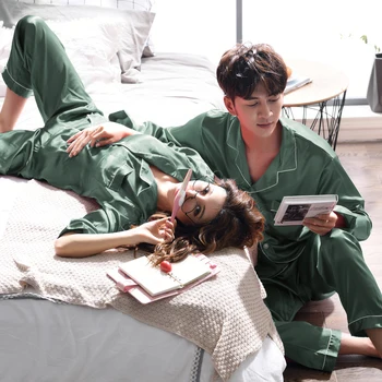 

Cool Pyjamas Women Robe Silk Pajamas Sets Full Sleeve Sleepwear 2 Pieces Silk Homewear Men Turn-down Collar Couple Pijama