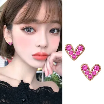 

925 Sterling Silver Crystal Heart Stud Earrings For Women Girl Jewelry Gift Pendientes brincos Orecchini Aros Aretes9 EH688