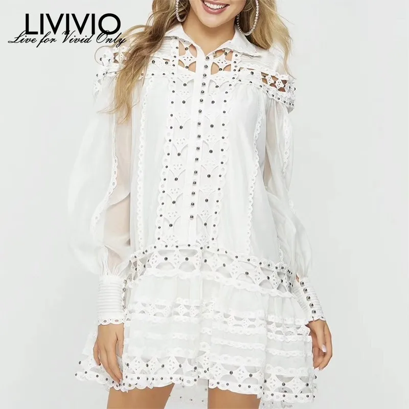 

[LIVIVIO] Beading Patchwork Women Dress Stand Lantern Sleeve Hollow Out Loose Mini Dresses Female Fashion 2019 Spring New