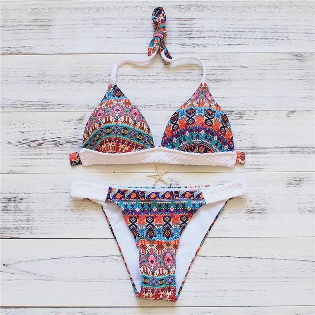 2017 New Women Bikinis set Bandage Push up swimwear Retro Print