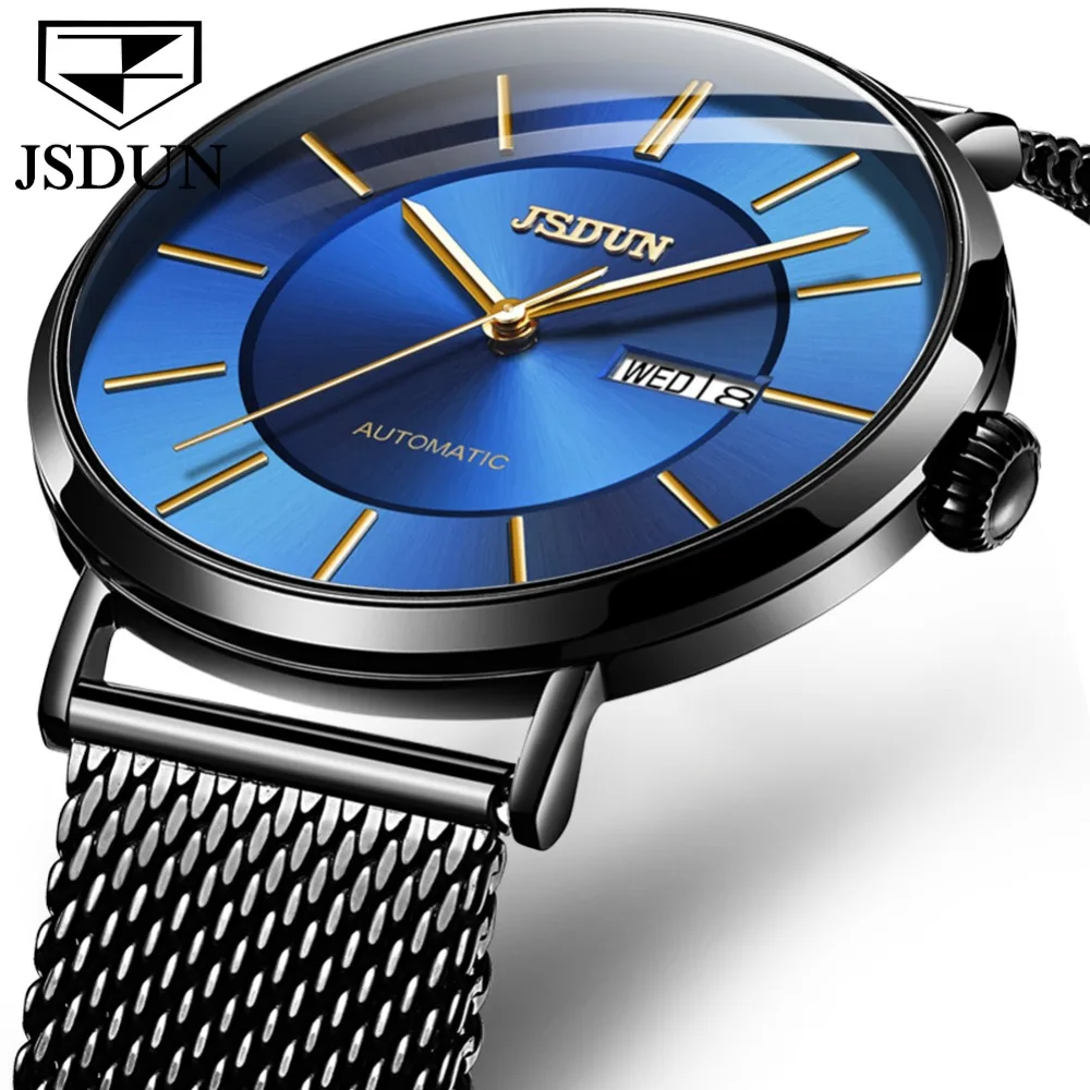 

JSDUN Blue Simple Dial Design Black Steel Calendar Display Men Sport Automatic Mechanical Wrist Watch Top Brand Luxury Clock
