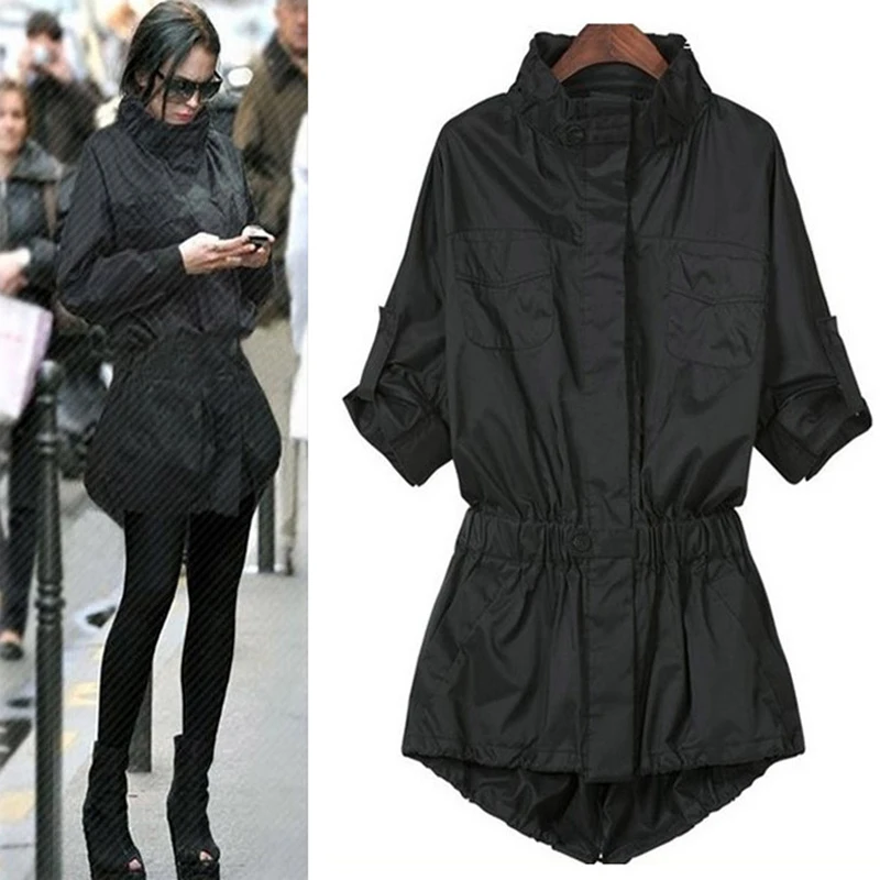 

European American Fashion Windbreaker Women's 2019 Spring New Large Size Loose Black Elastic Waist Coat Long Sleeve Jacket