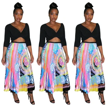 

Spring Summer Women Skirt Floral Print Pleated Long Maxi Skirts Womens Plus Size