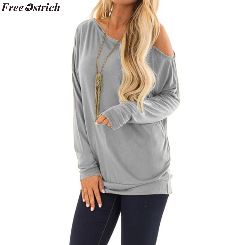 

Women's Solid Color Sling Long Sleeve T-Shirt O-Neck Loose Ladies Hem One Strappy Cold Shoulder T Shirt tops plus size
