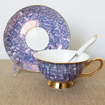 

300ml Painted gold Ceramic Cup Saucer set Bone Porcelain hand-painted Cup Creative black tea gift coffee cup spoon Free Shipping