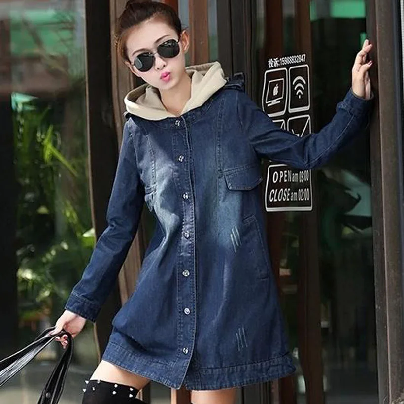 

Trench women 2019 spring plus size hooded denim trench female loose medium-long denim outerwear autumn