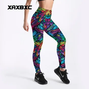 

XAXBXC 4103 Rainbow Feather Leaf Prints Fitness Workout Push Up Women Leggings Slim Sexy Female Pencil Pants Plus Size