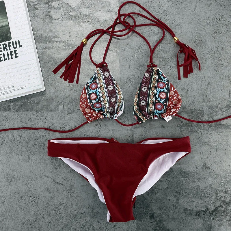 2017 Women Halter Swimsuit Sexy Printed Bow Bikini Brazilian Strappy