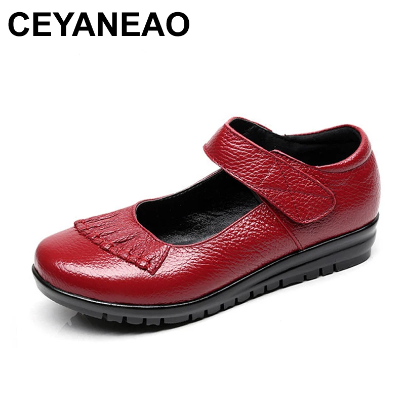 

CEYANEAO2018 Mary Janes Ladies Flats Hook & Loop Comfortable Women Shoes Round Toe Solid Genuine Leather Casual Shoes Plus Size
