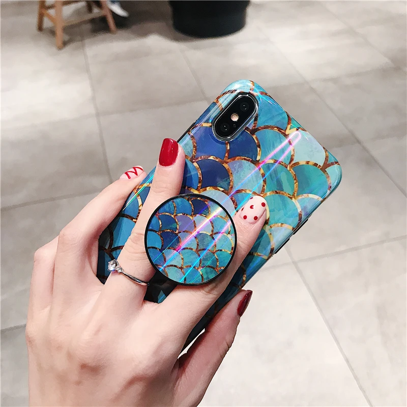 Shiny mermaid scales laser phone cases for iphone 7 8 X XR XS Max 6 S 6s 7 8 plus Ring air bag Stand holder Grip case back cover (3)