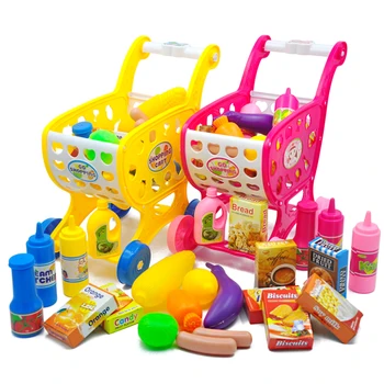 

37pcs Mini Supermarket Shopping Cart Toys Simulation Basket Plastic Food Vegetable Toy for Kids Trolley Girls Pretend Play Game
