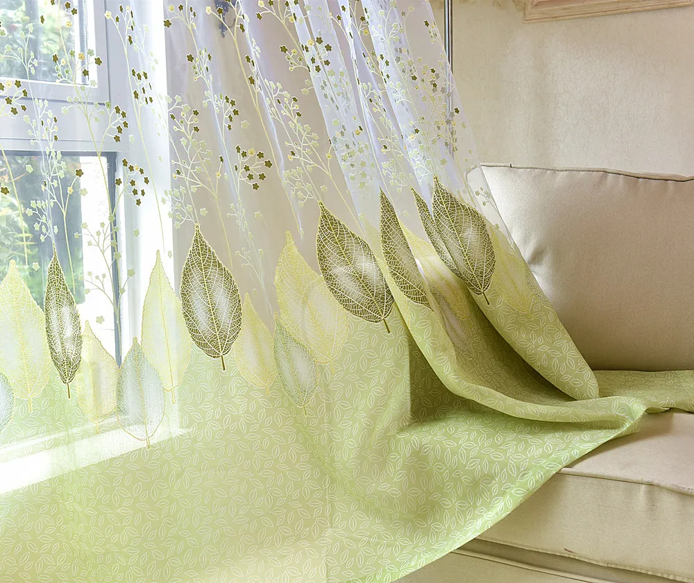 Зеленые отвесные занавески из органзы с выгорающими листьями для гостиной, на окно, тюль, вуаль для спальни, роскошные кухонные занавески, домашний текстиль