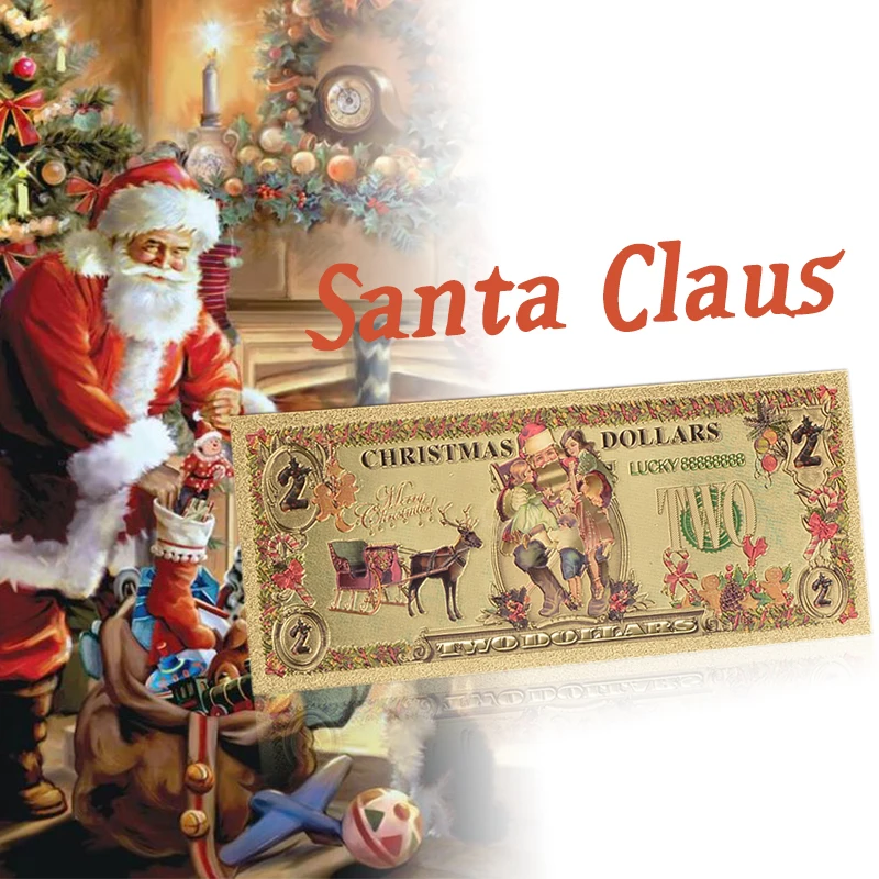 WR Санта Клаус Золотая фольга банкноты красочные USD 2 доллар золотая Банкнота с пвх рамкой Рождественский подарок Позолоченные банкноты