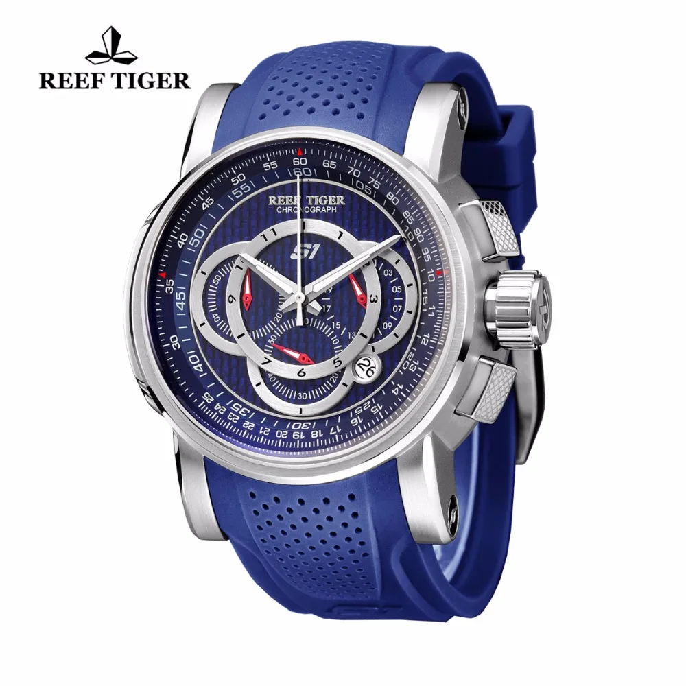 US $109.20 Reef TigerRT Mens Sport Watch Chronograph Date 316L Steel Big Blue Dial Rubber Strap Quartz Watches Waterproof Relogio RGA3063