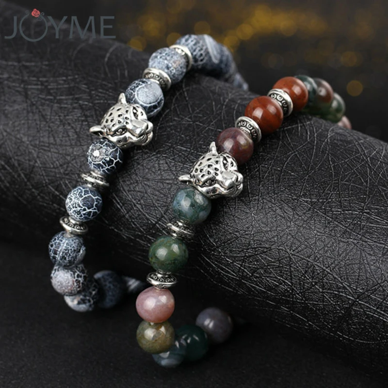 

Natural Stone Beaded Bracelets for Men Leopard Head Bracelet & Bangles with Lava Lion Charm Women Wristband Pulseras Hombre