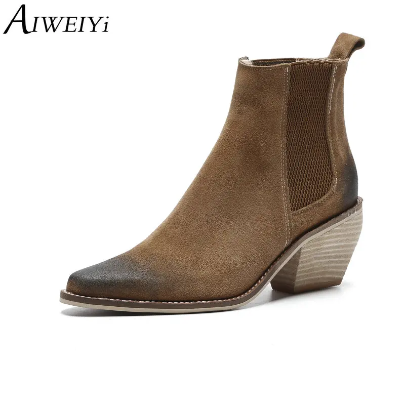

AIWEIYi Women Boots Ankle Boots Autumn Winter Shoes Chunky Heel Women's Boots Slip On Round Toe Brand Woman Botas Black Booties