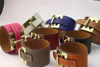 

New Wide leather three rows of adjustable belt buckle leather female bracelet