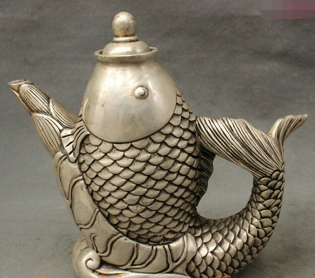 

bi002828 Marked Chinese Folk Silver Auspicious Lotus Fish Shape Statue Teapots Wine Pot