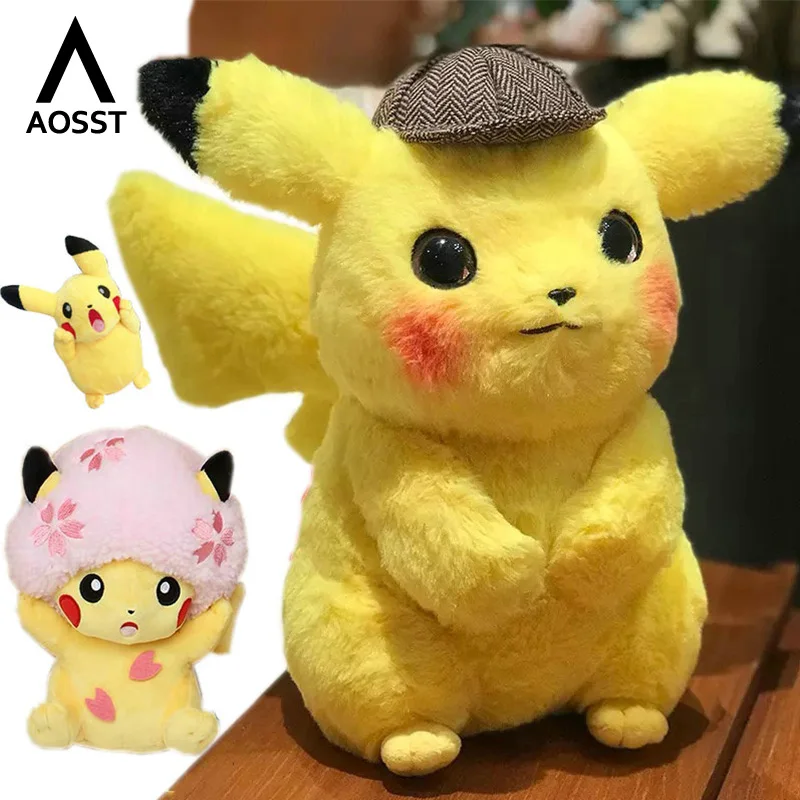 

2019 Anime Pikachu Detective Stuffed Toys Japan Anime Game Dolls toys for Boy Cherry blossom head Lady Pikachu Shout Pikachu