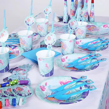 

84pcs/set Mermaid Princess Kids Birthday Party Decoration Party Supplies Shower Wedding Pack Event Supplies Cups Plates Forks