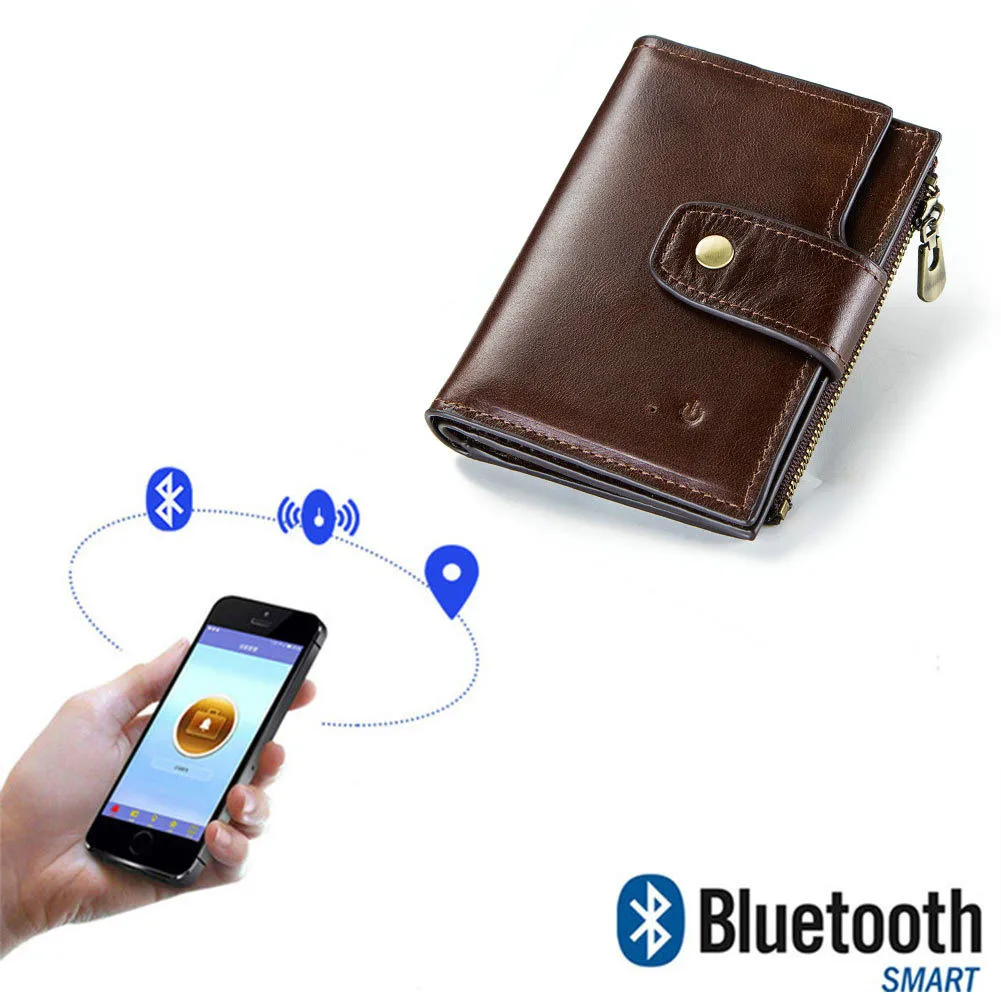 

YICHENG Men's Wallet Upscale Business RFID Genuine Leather Bluetooth Smart Short Hasp Prevent from losing money bag small purse
