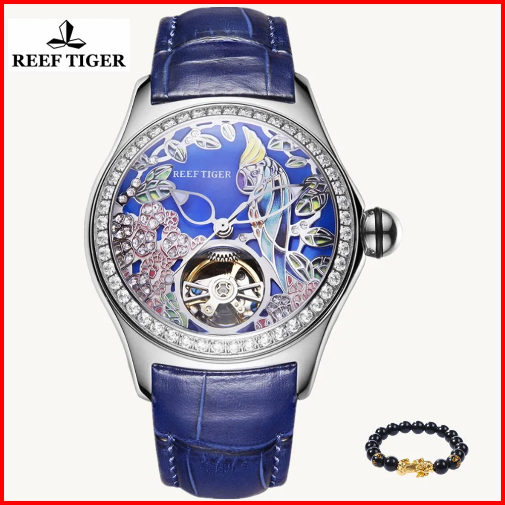 

2019 Reef Tiger Brand Womens Luxury Fashion Watches Diamonds Automatic Tourbillon Genuine Leather Strap Watch Relogio Feminino