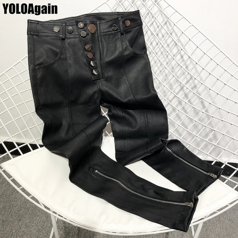 

YOLOAgain women genuine leather pants ladies black real leather pencil pants