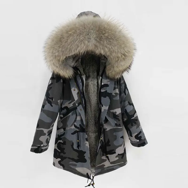 

2018 women winter rabbit fur jackets and coats real big raccoon fur collar hooded coat long parka black green streetwear outwear