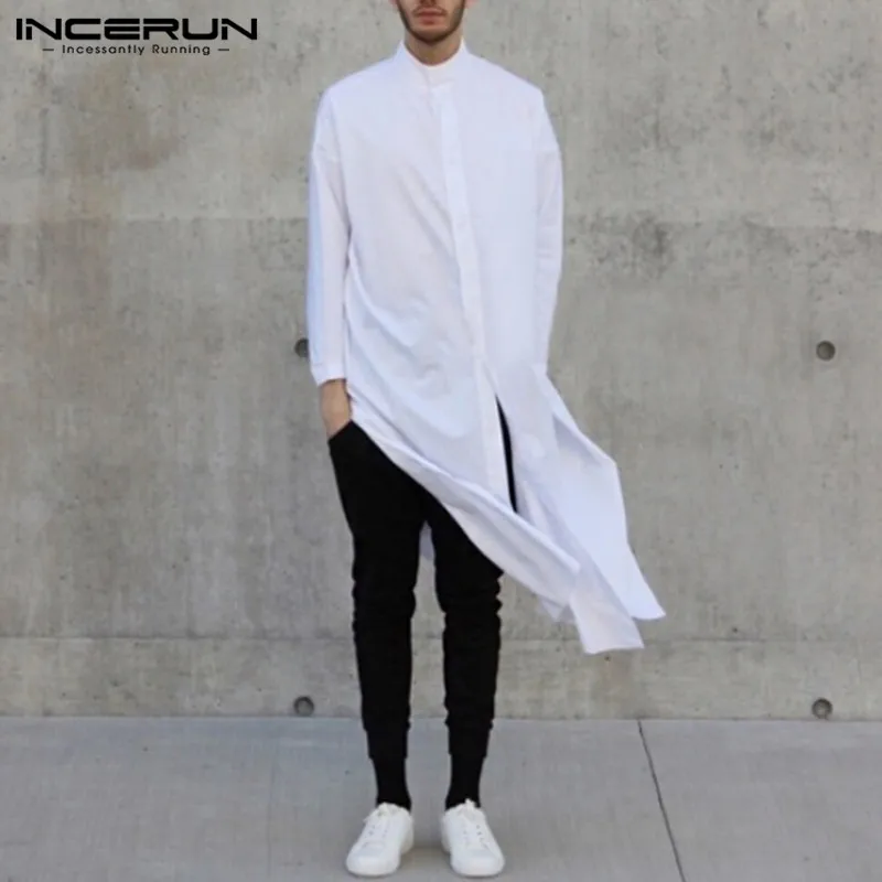 

INCERUN 2019 Men's Long Shirt Long Sleeve Solid Color Europe America Wind Stand Collar Casual Irregular Loose Men's Long Shirt