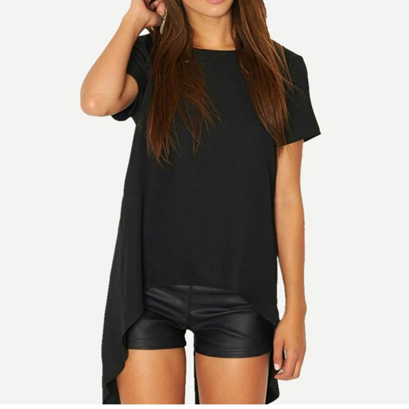 Black Irregular Back Cut Solid Women Blouses Short Sleeve O-neck Black Women Shirts 2019 Spring Casual Fashion Loose Women Tops