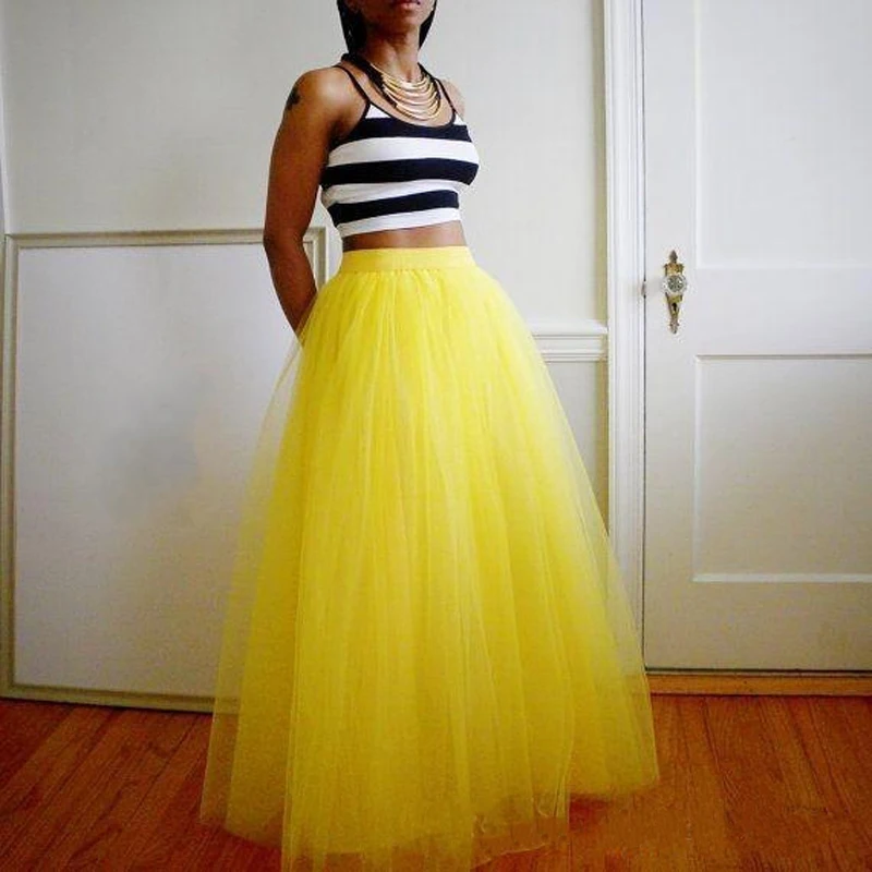Retro Summer Long Tulle Women Skirts Multi Layered Bright Yellow Custom