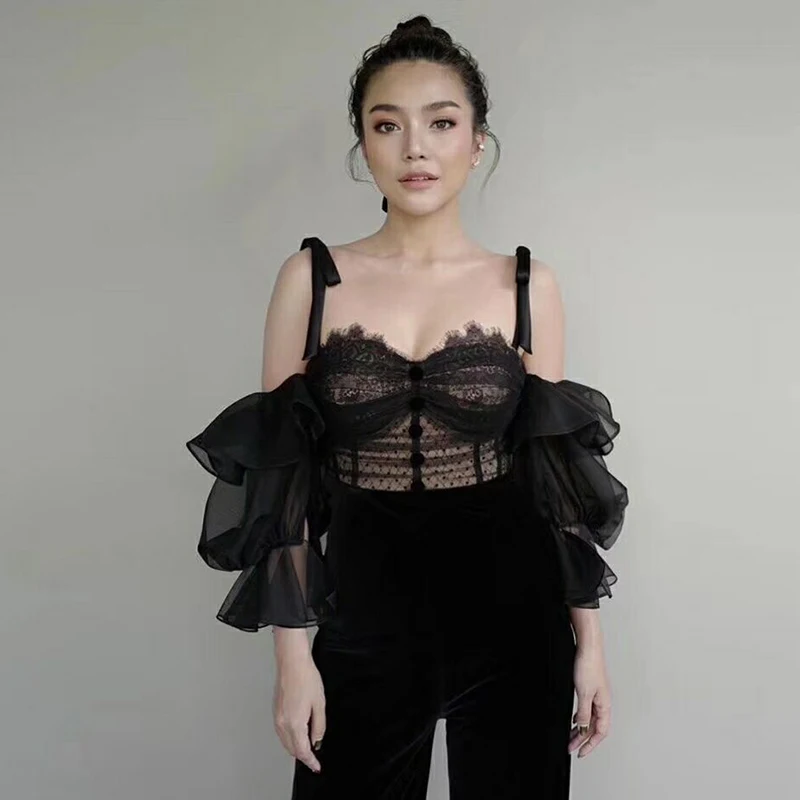 Terciopelo Correa Moda Calle Nueva Pista Encaje Diseñador Espagueti Camis Top Mujeres Las La Traje 2019 De Pantalones vwHqa