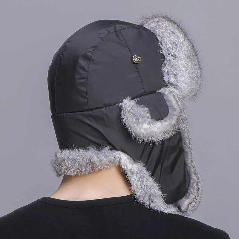 rabbit fur trapper hat grey black 1