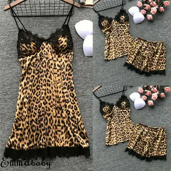 

2Pcs Women's Sexy Satin Lace Sleepwear Babydoll Lingerie Nightdress Pajamas Set